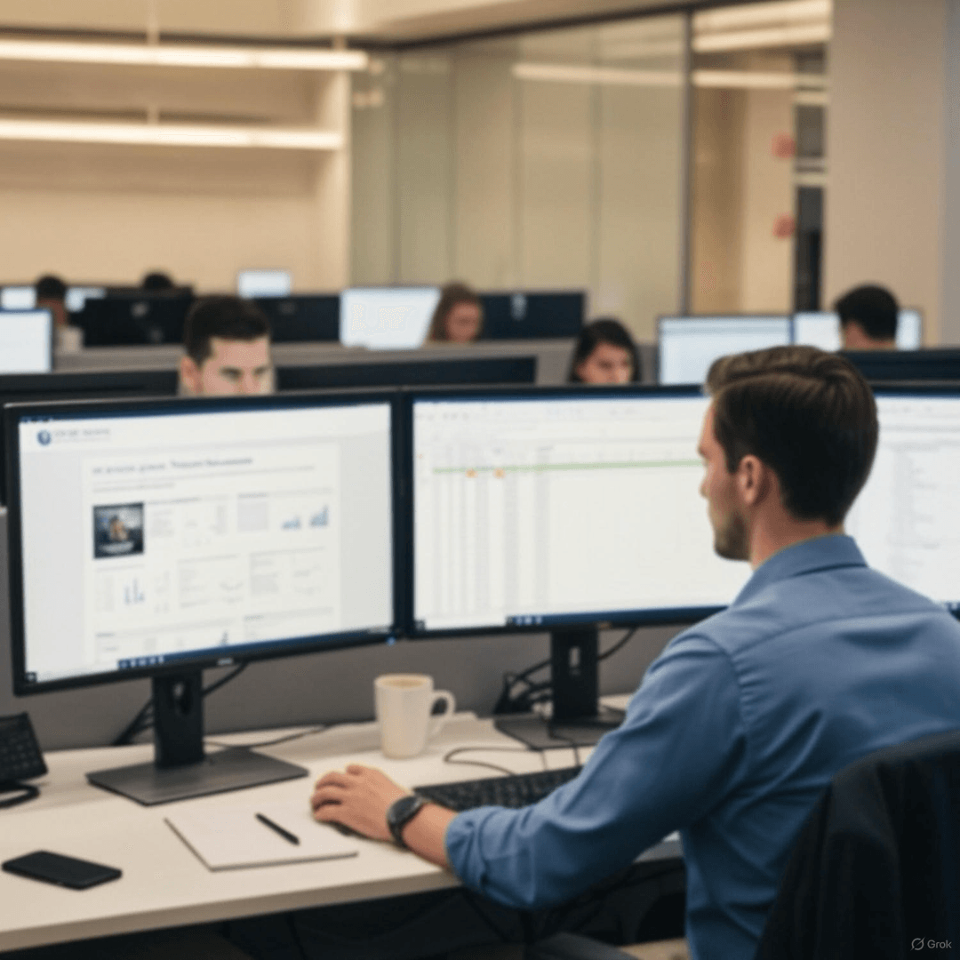 Finance professional working across dual monitors